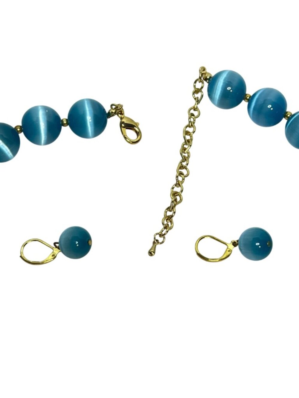 Blue Cats Eye Beaded Necklace W/ Gold Tone Accents And Pierced Earrings (6394) - Picture 13 of 13